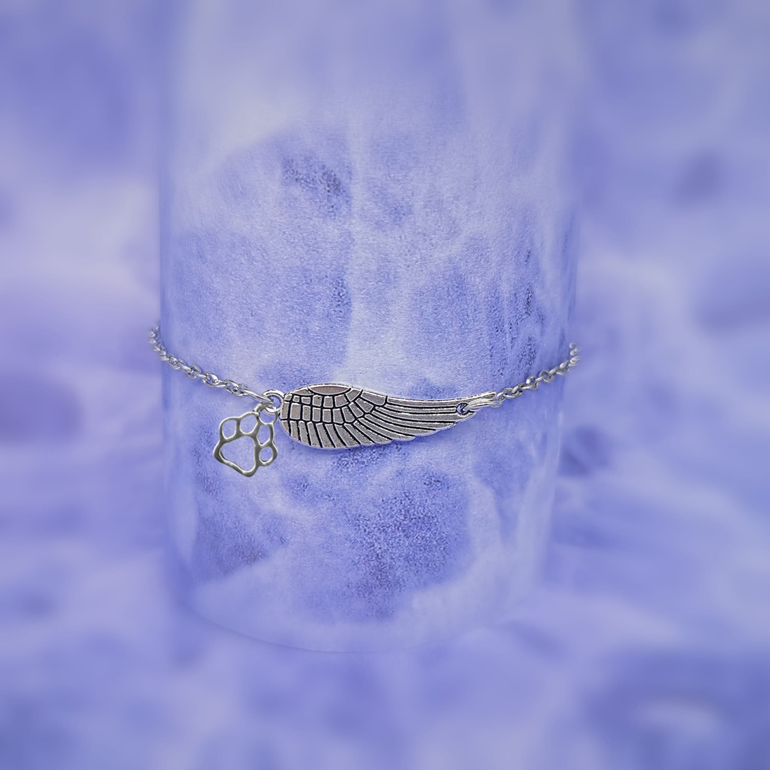 Silver Memorial Bracelet with Angel Wings and Paw Print