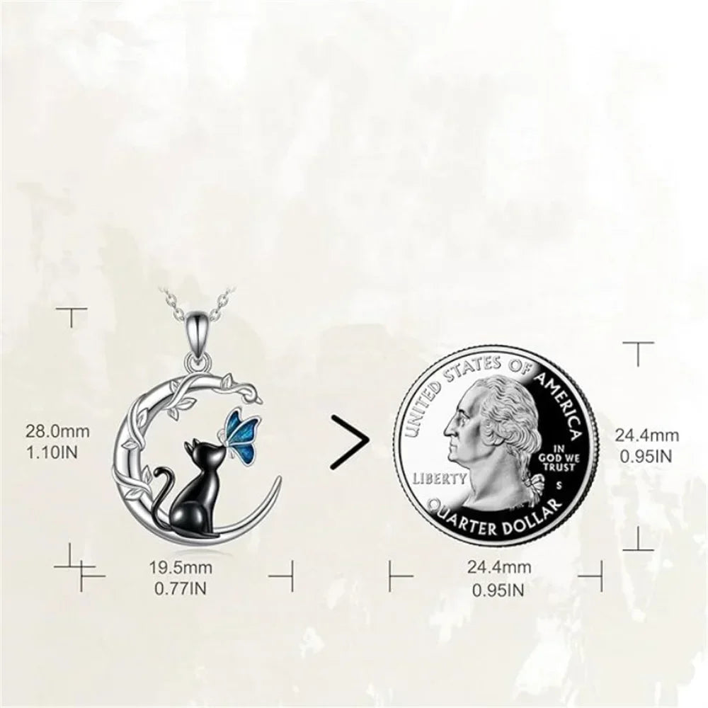 Moon Cat Butterfly Crystal Pendant Necklace
