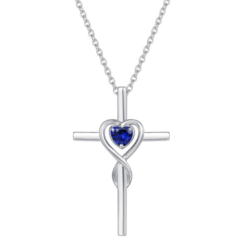 Sapphire Heartstone Cross Necklace | White Gold