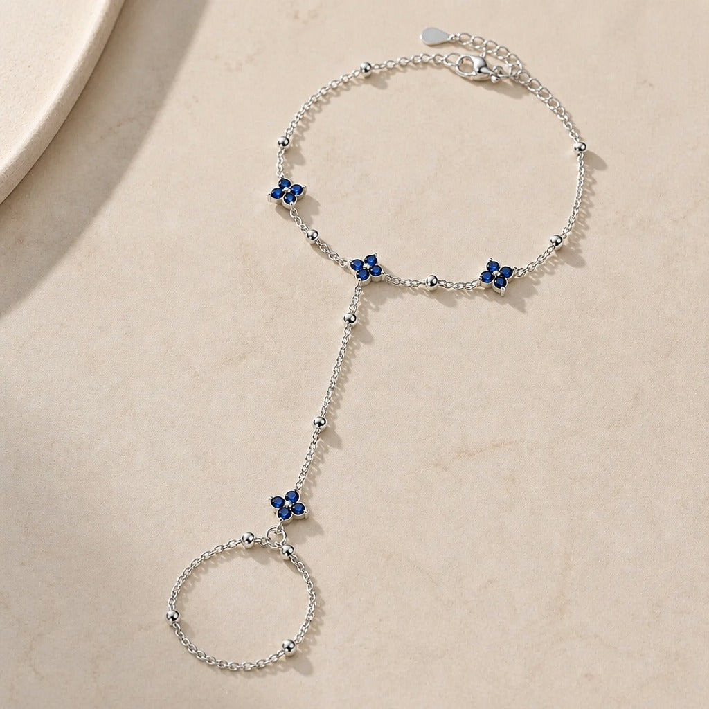 Helena | Blue Clover Finger Chain Bracelet