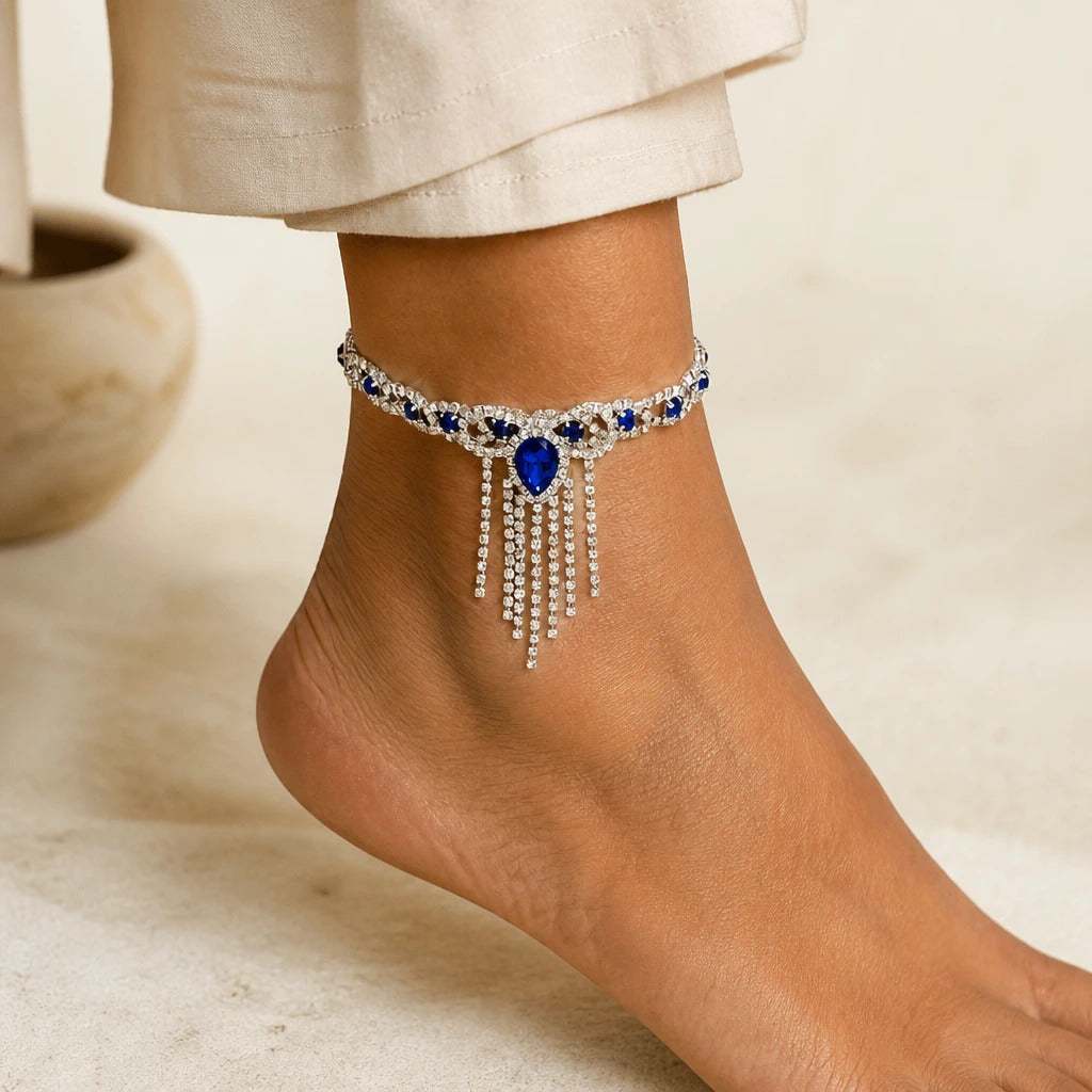 Heidi | Blue Tassel Crystal Anklet