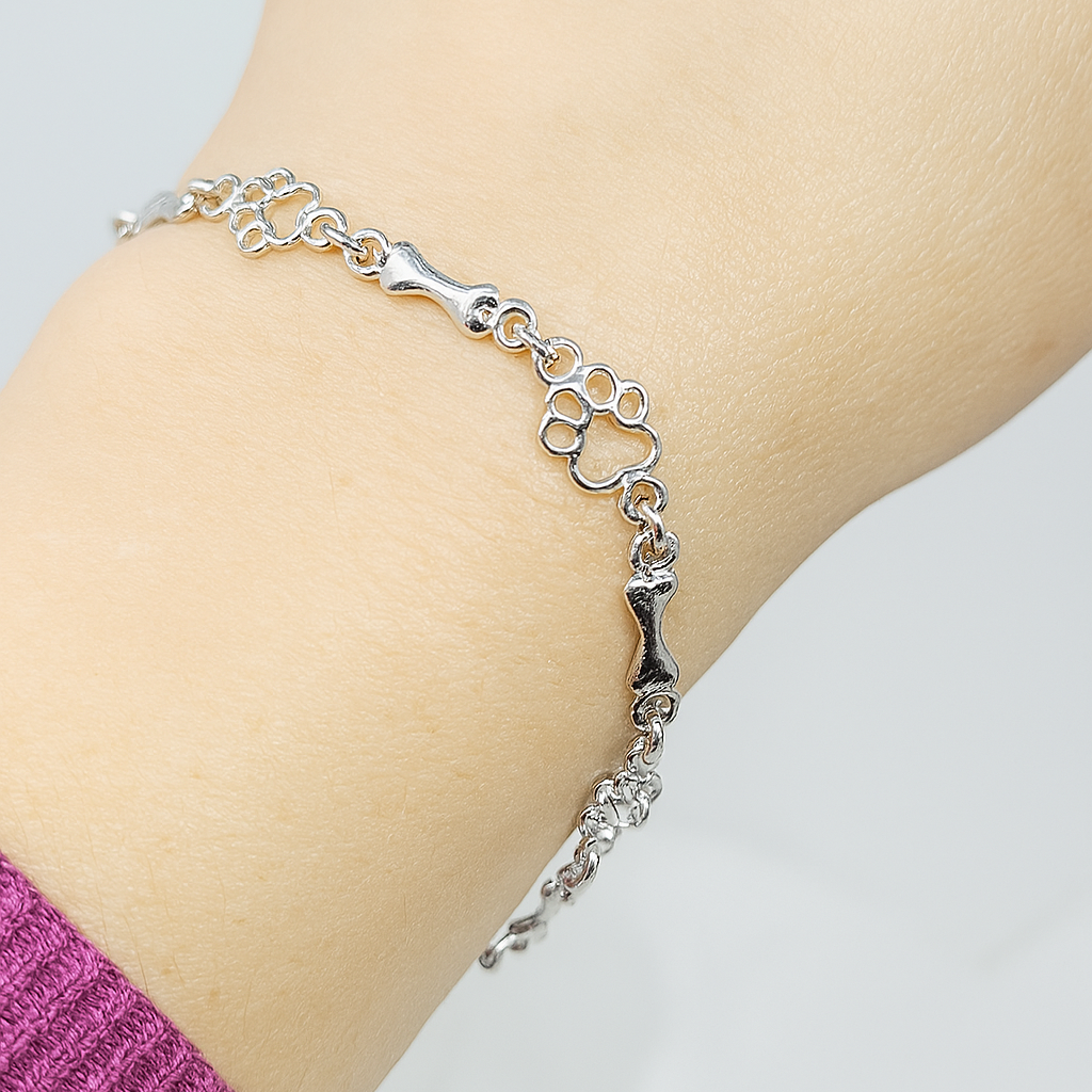 Dog Paw and Bone Bracelet in Pure Silver