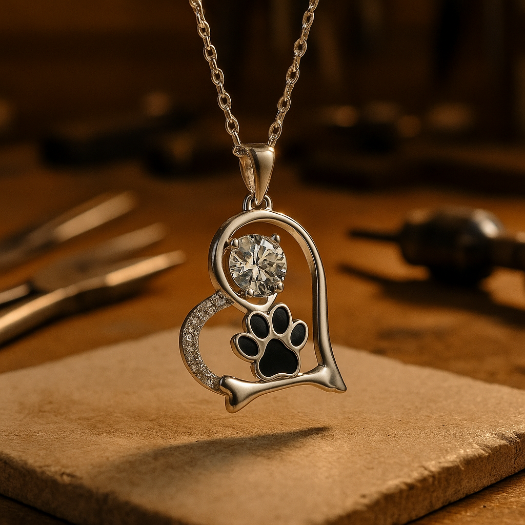 Handcrafted Dog Paw and Bone Necklace with Zirconia
