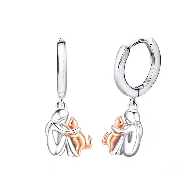 Cat Hug Pendant Necklace with Earrings Gift