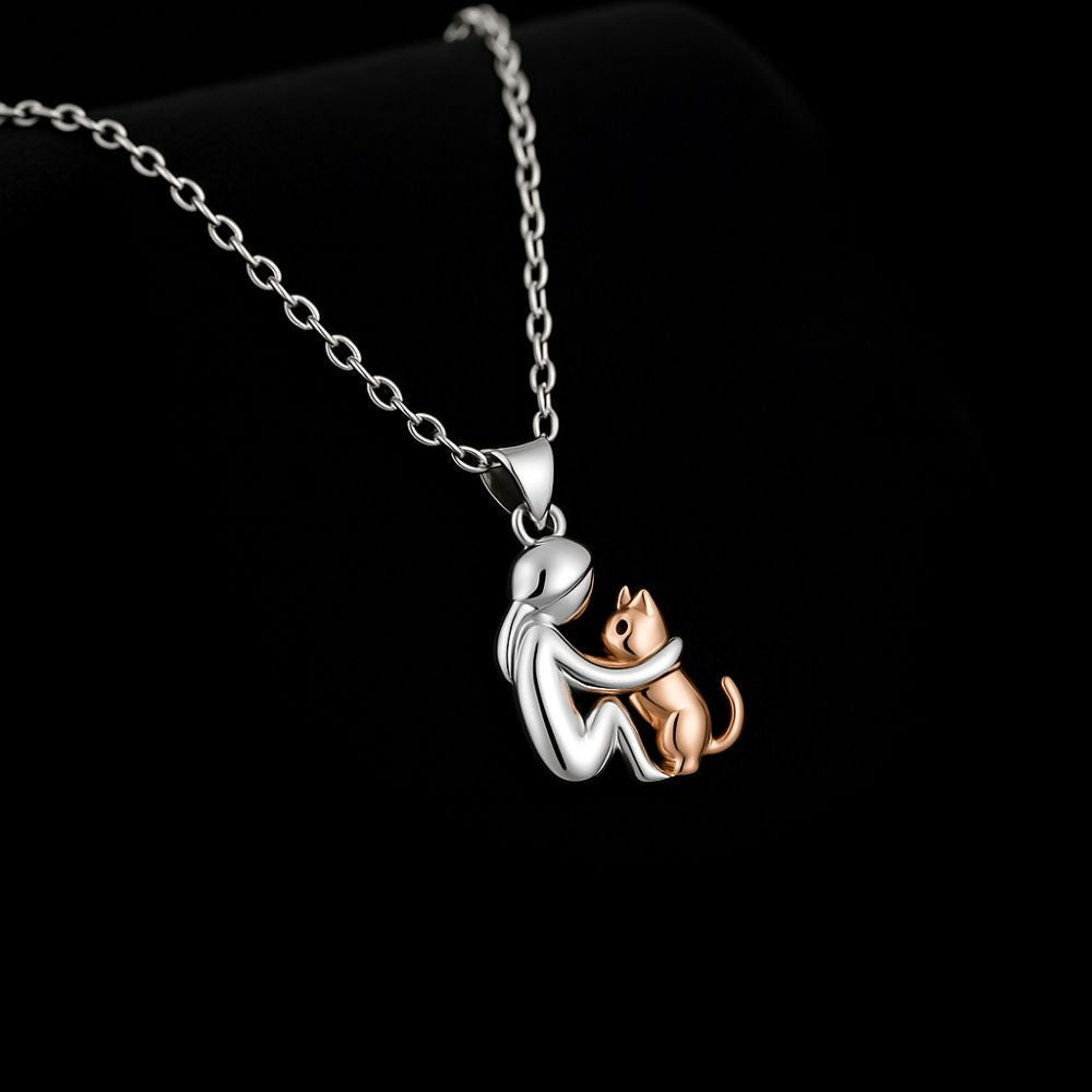 Cat Hug Pendant Necklace with Earrings Gift