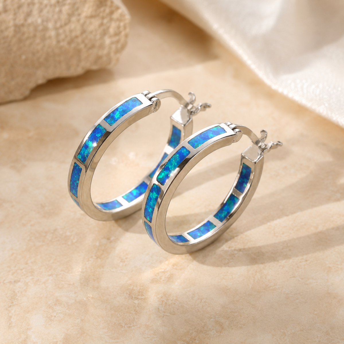 Chic Circular Earrings with Blue Fire Opal