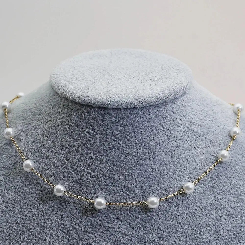 Elodie | Gold Spaced Pearl Chain Necklace