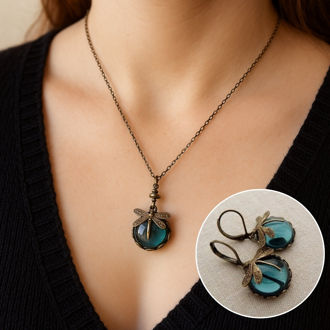 Beautiful Vintage Dragonfly Necklace with Earrings Gift