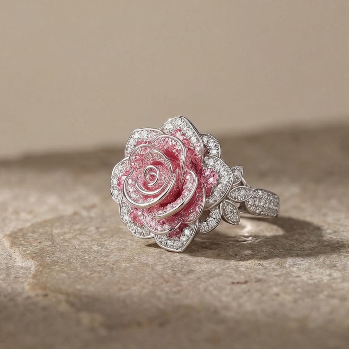 Ines | Exotic Silver Plated Ring with Pink Flowers