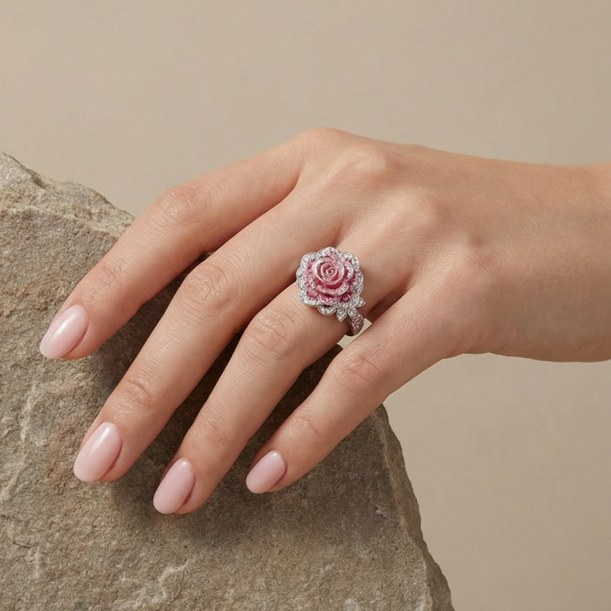 Ines | Exotic Silver Plated Ring with Pink Flowers