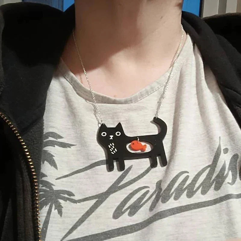 Playful Cat and Fish Acrylic Pendant Necklace