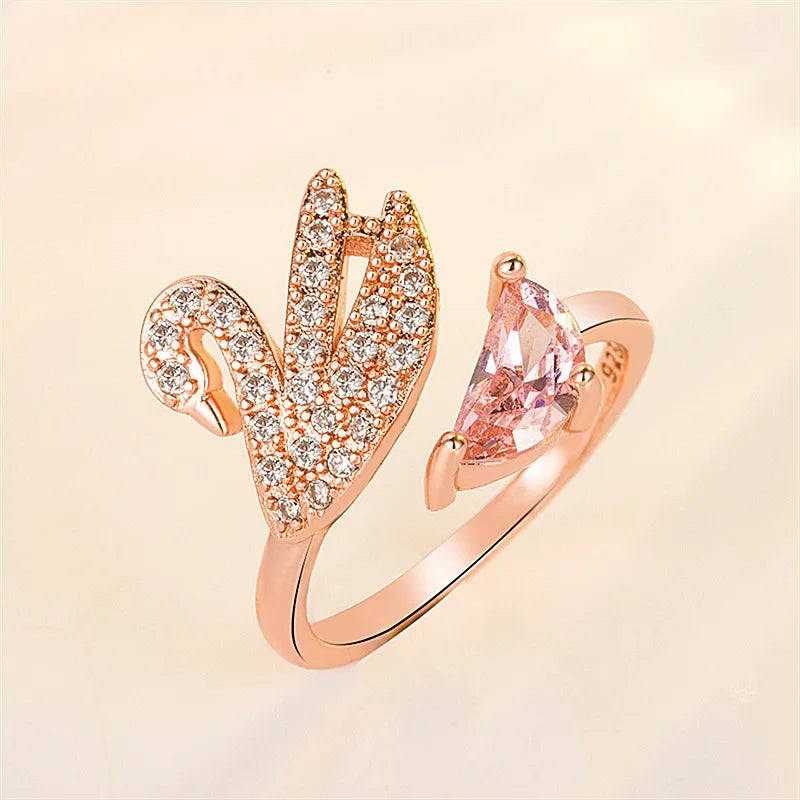 Swan Crystal Ring - Adjustable in Rose Gold