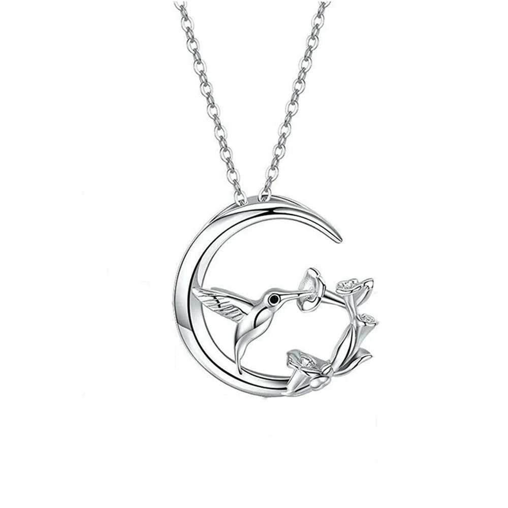 Vintage Bird and Moon Silver Pendant Necklace