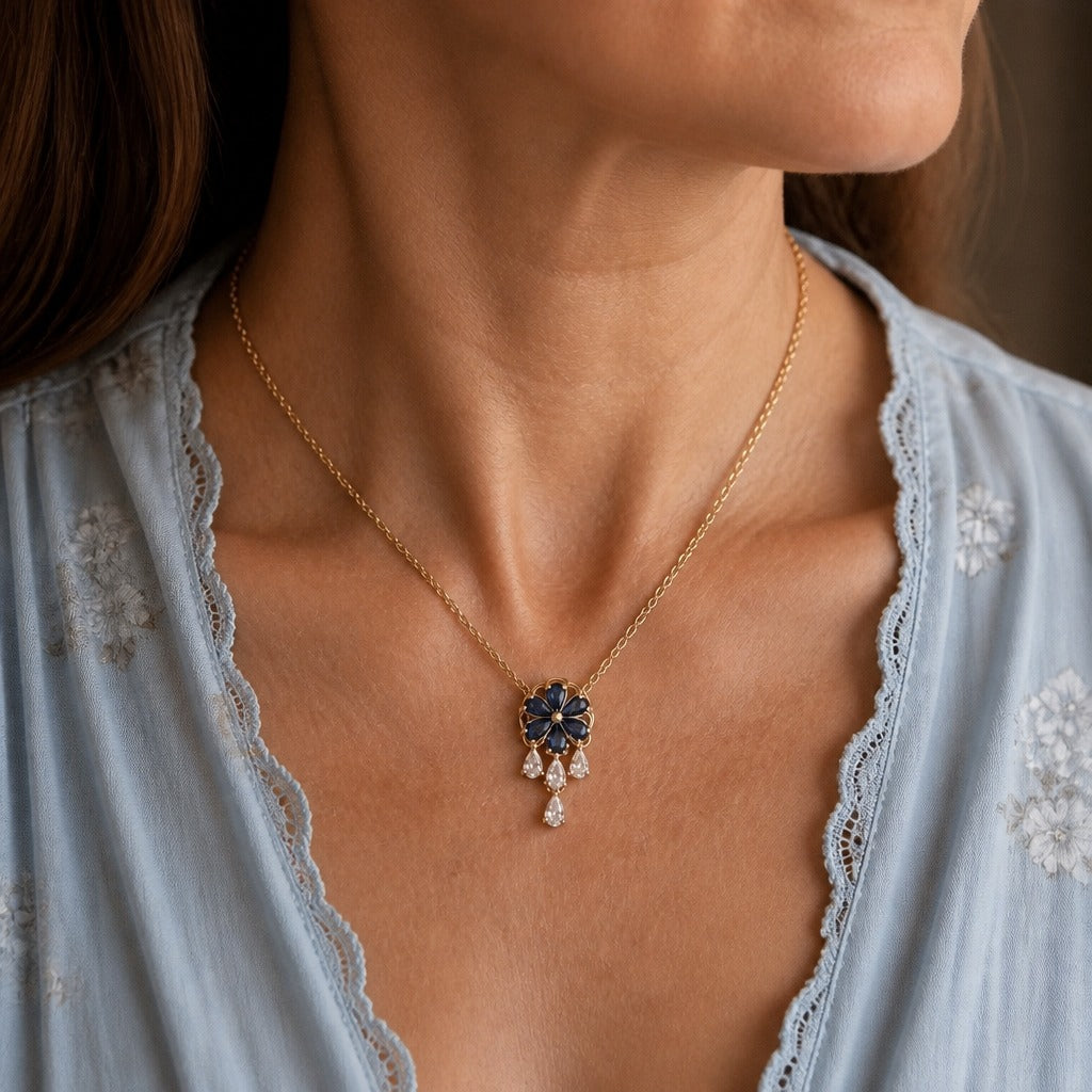Faye | Floral Blue Tassel Necklace