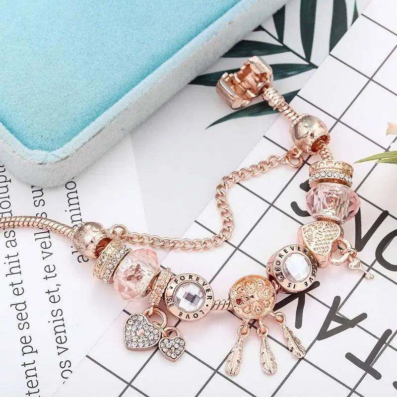 Pink Dreamcatcher Bracelet with Silver Charms