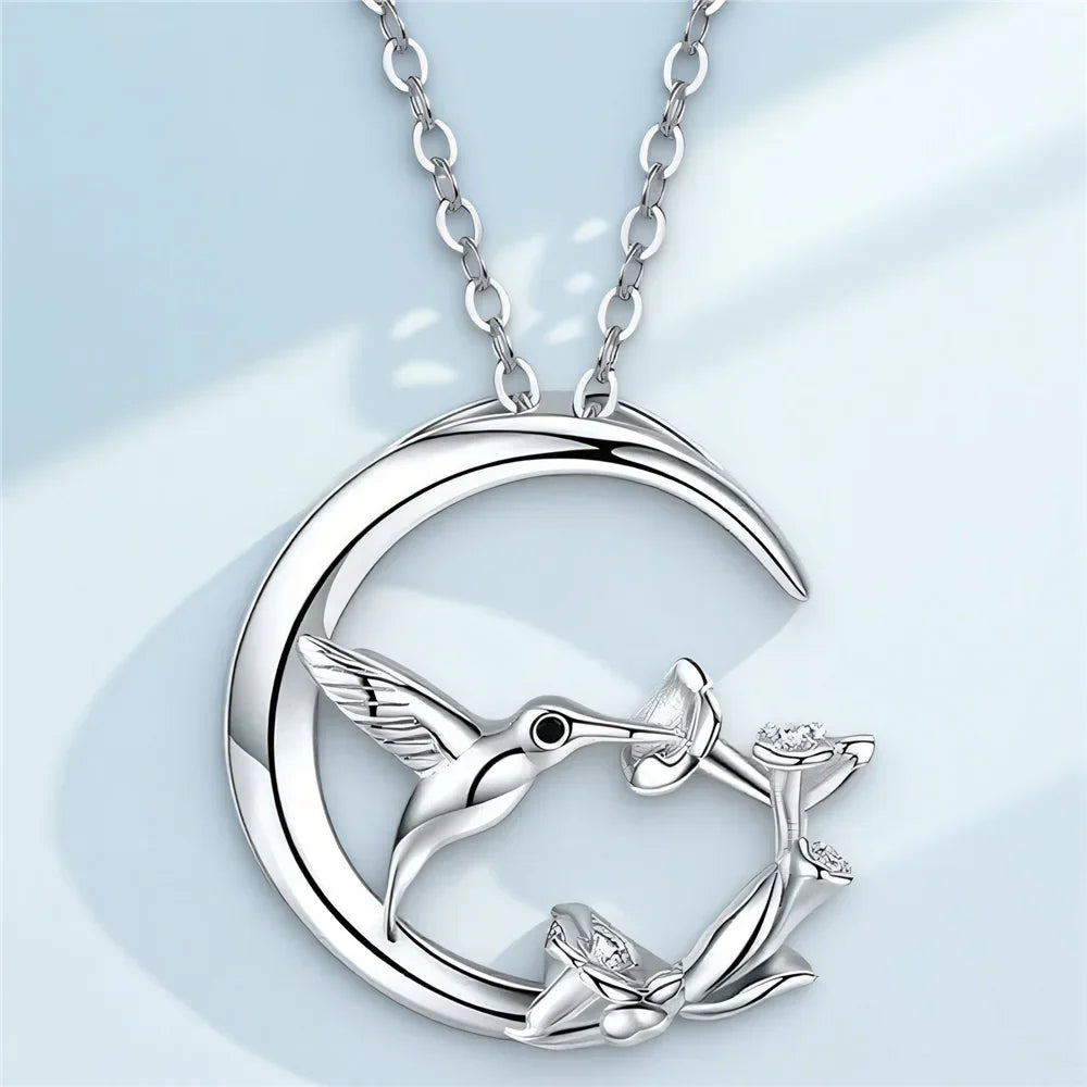 Vintage Bird and Moon Silver Pendant Necklace