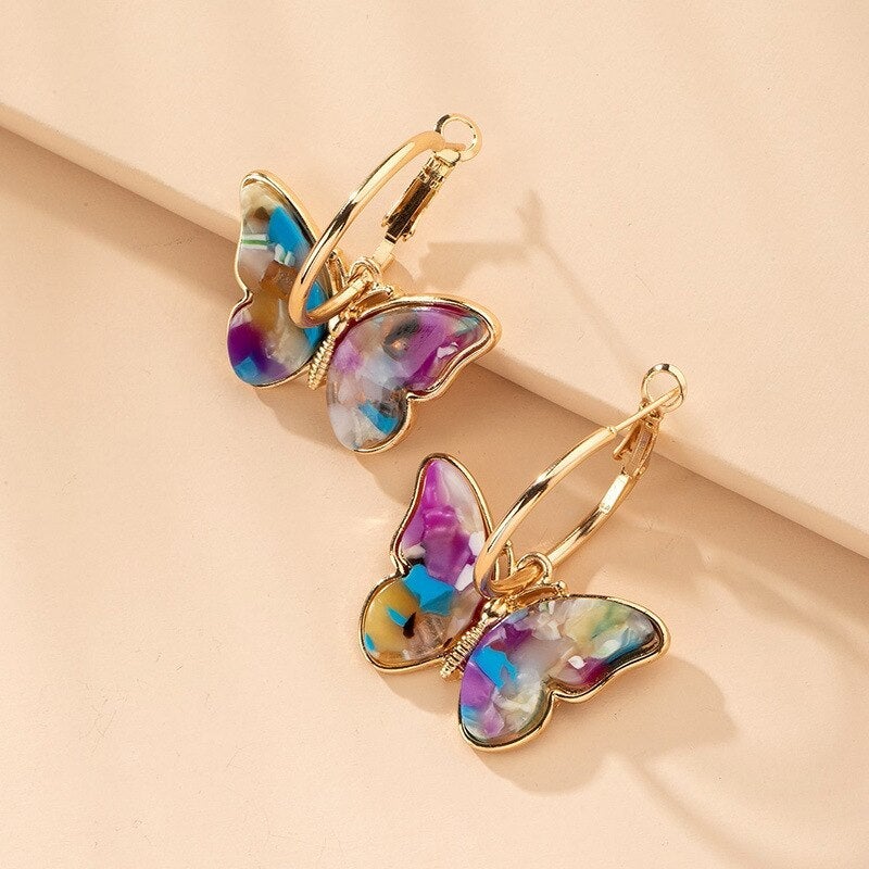 Golden Multi-Colour Butterfly Hoop Earrings