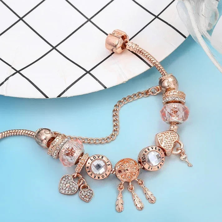 Rose Dreamcatcher Bracelet with Silver Charms