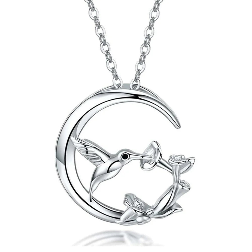 Vintage Bird and Moon Silver Pendant Necklace