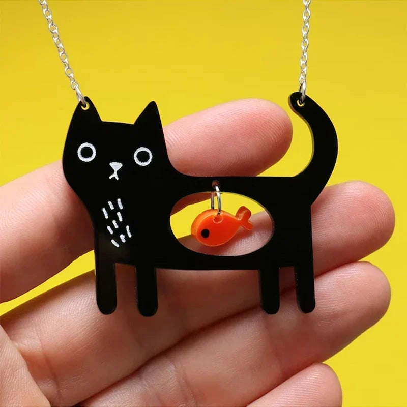 Playful Cat and Fish Acrylic Pendant Necklace