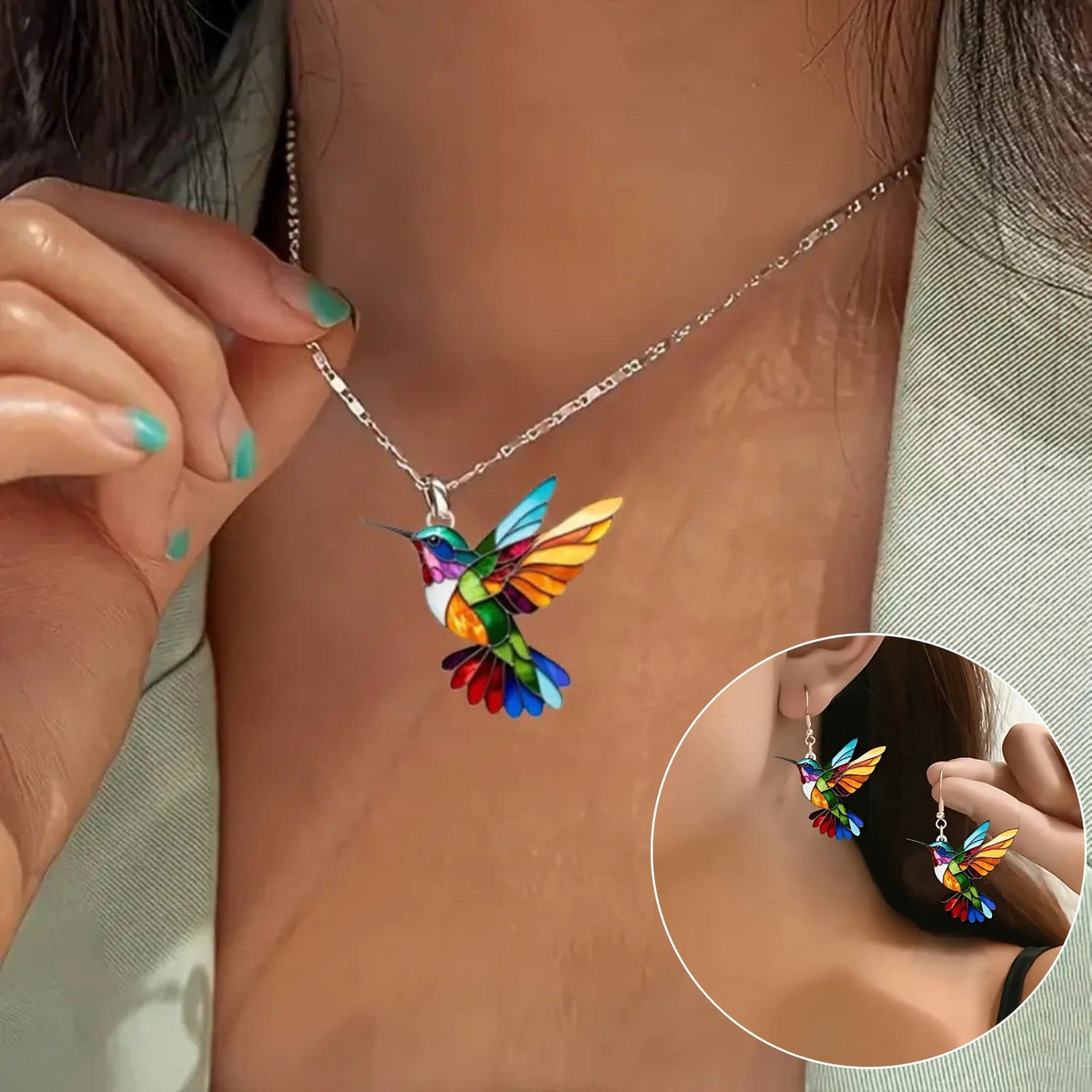 Beautiful Hummingbird Necklace with Earrings Gift