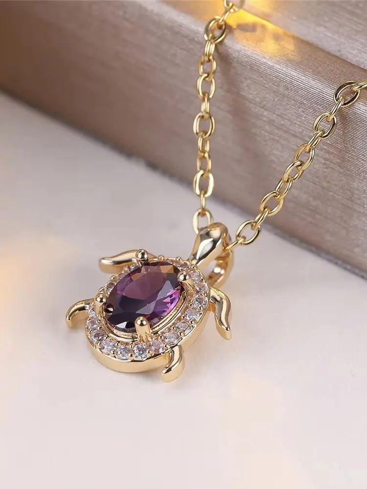 Lilac Crystal Turtle Pendant Necklace
