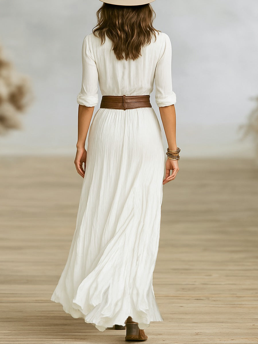 Crissanta | Long Belted Dress With Pleated Lapels