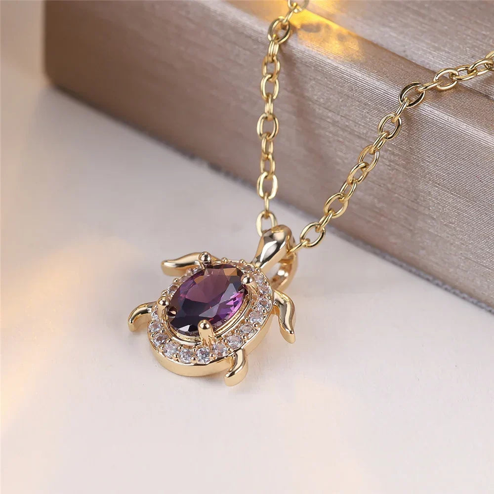 Lilac Crystal Turtle Pendant Necklace