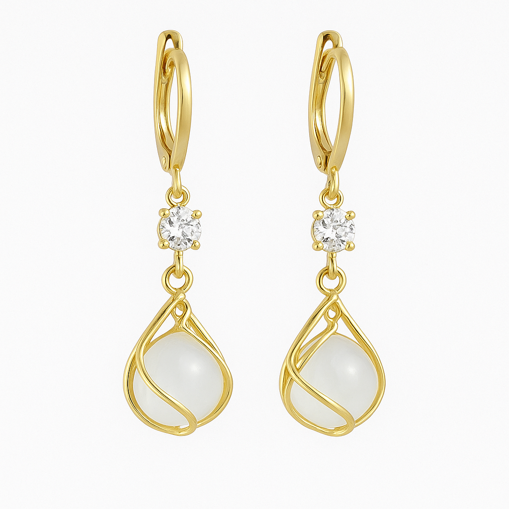 Golden Hanging Earrings with White Opal