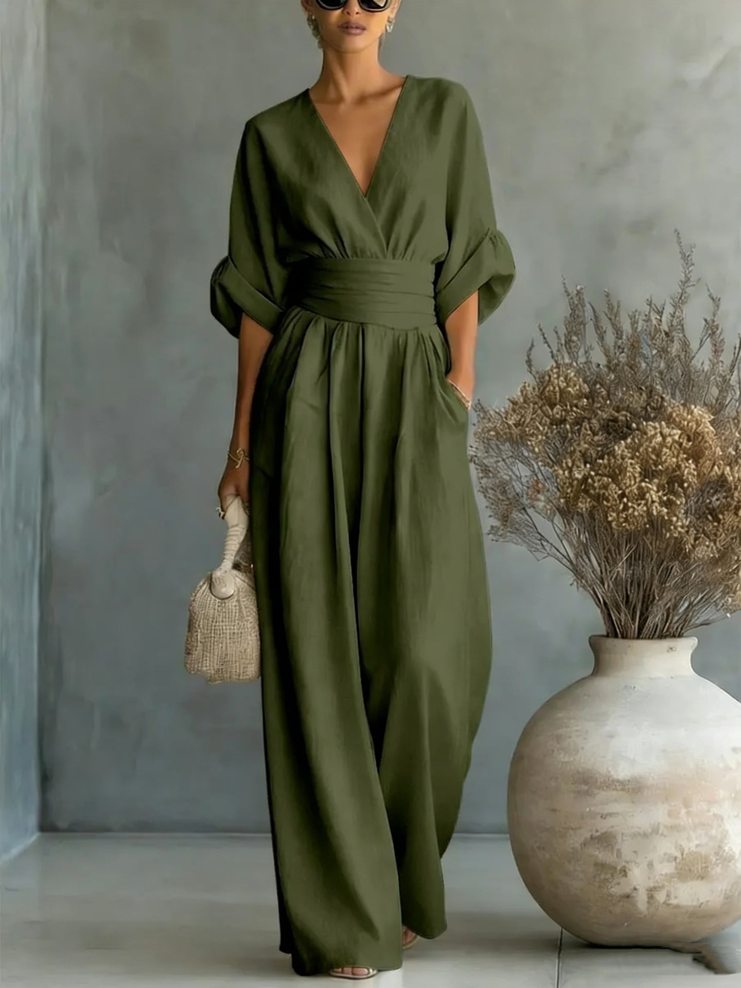 Blaine | Elegant V-Neck Dress Backless with Flowing Sleeves