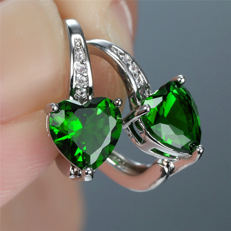 Kira | Silver Emerald Heart Hoop Earrings