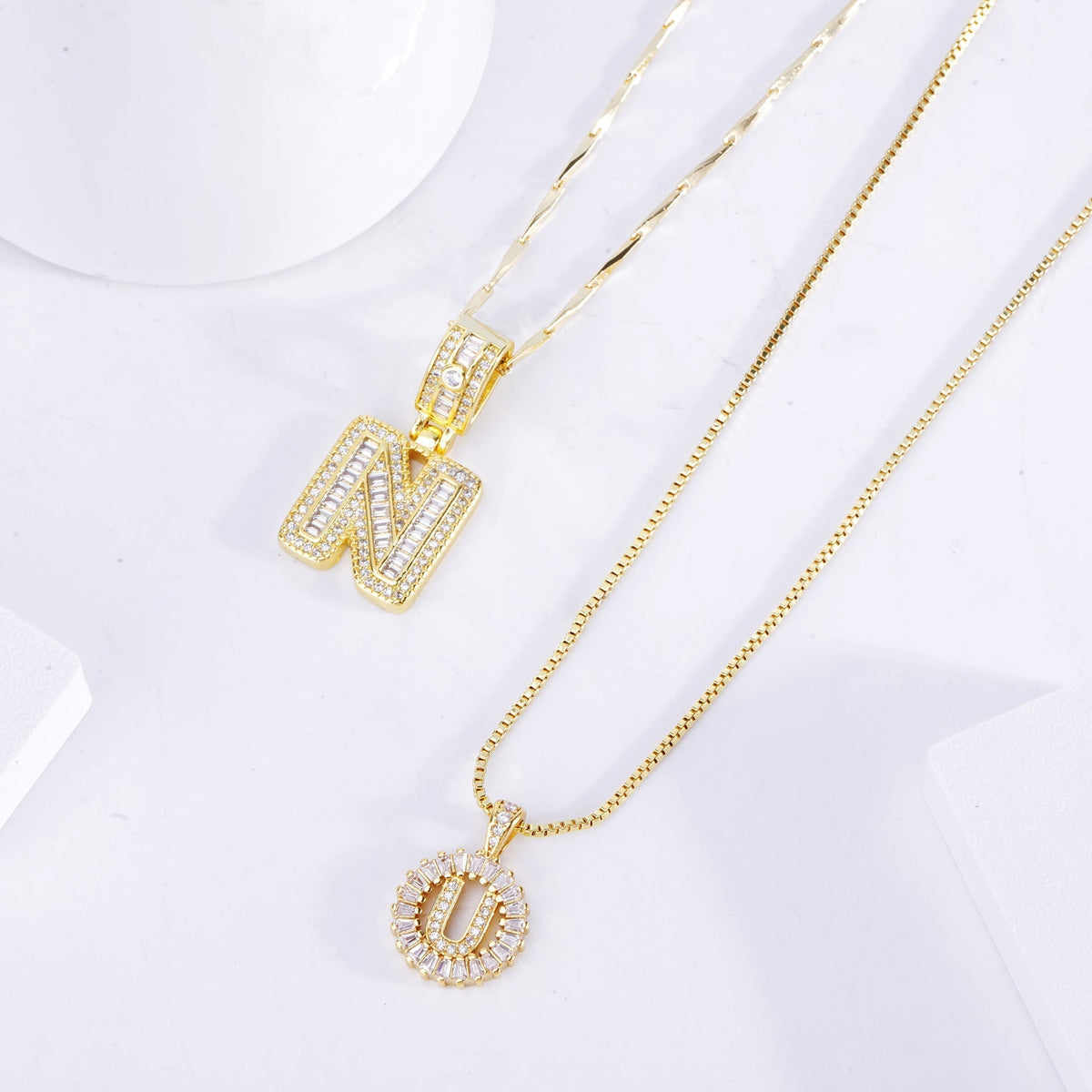 Paved Letter Initial Necklace Set | White Gold