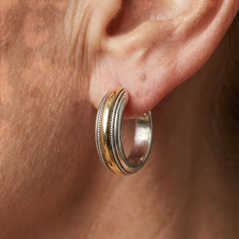 Aria | Vintage Golden Line Silver Hoop Earrings
