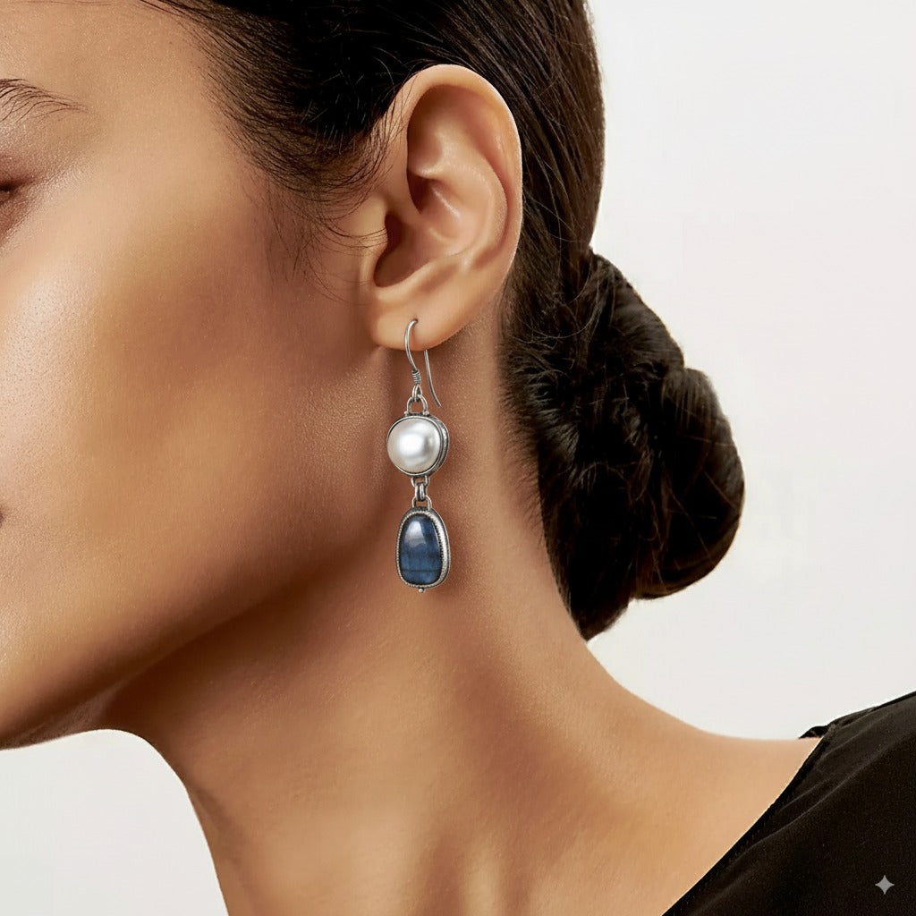 Vintage Earrings with Natural Stones in Silver