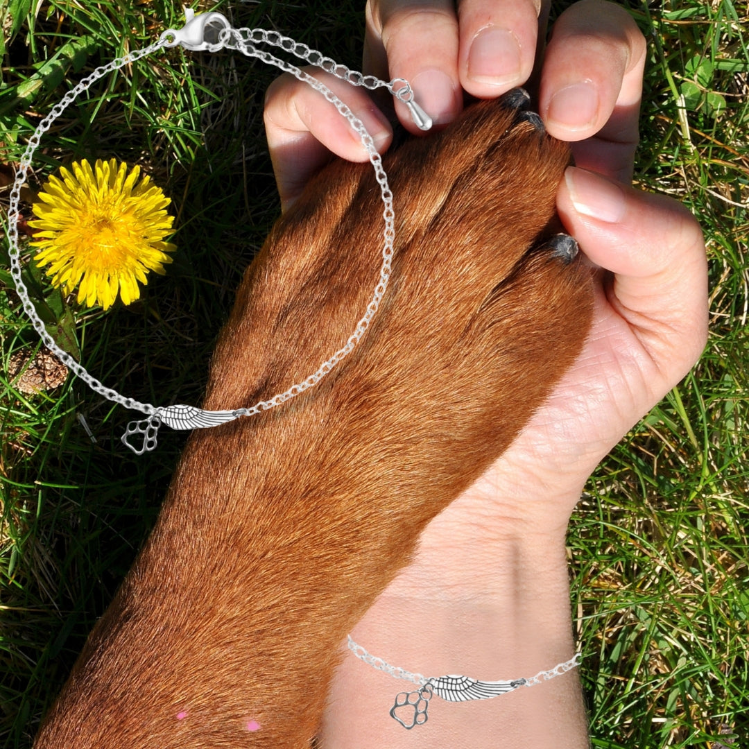Silver Memorial Bracelet with Angel Wings and Paw Print