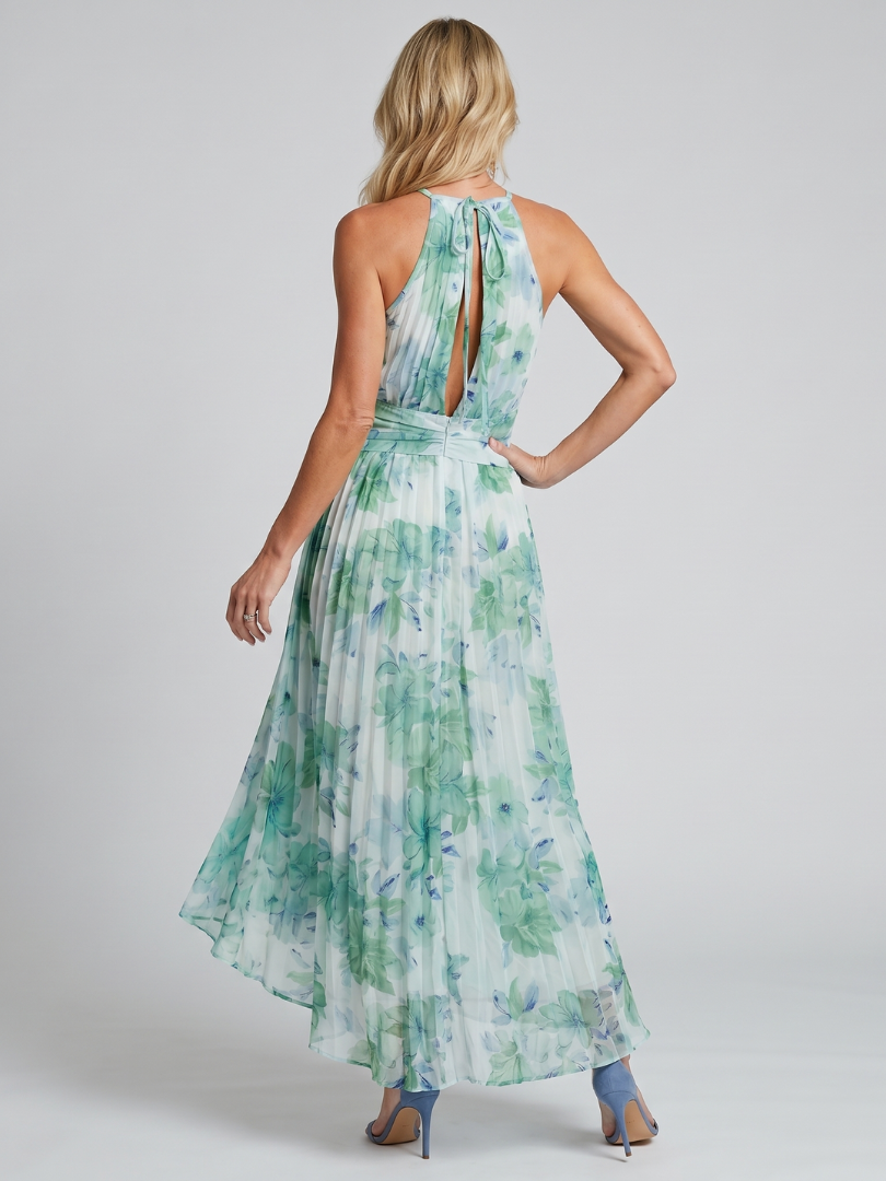 Palmer | Portia Midi Dress in Pleated Crepe with Halter Neck and Floral Print