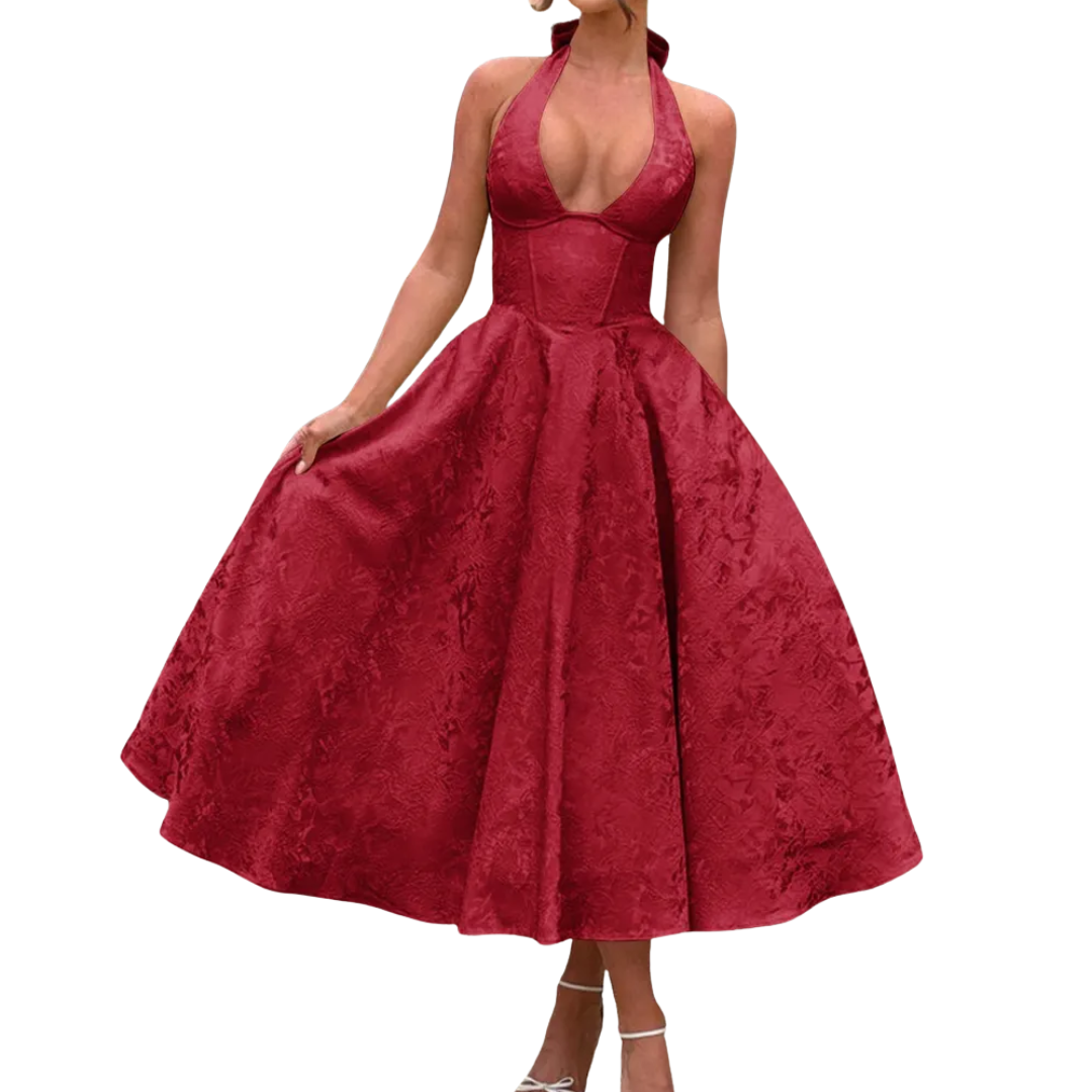 Morgan | Embroidered Halter V-Neck Gown