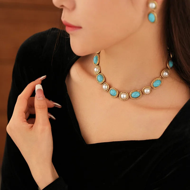 Romy | Turquoise & Pearl Antique Gold Jewellery Set