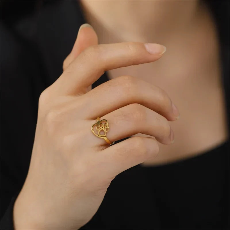Gold Coloured Paw and Heart Ring