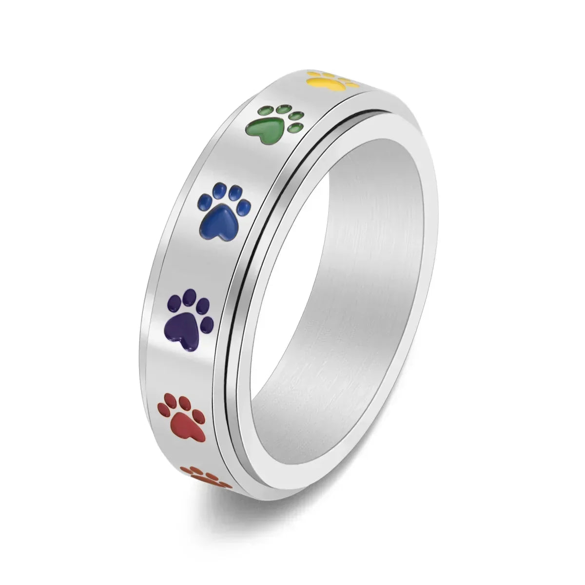 Rotating Stress-Reducing Paw Ring in Stainless Steel with Rainbow Paws