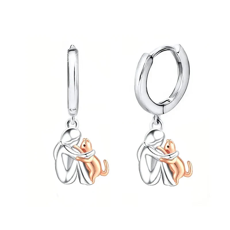 Cat Hug Earrings in Two Colours: Silver and Gold