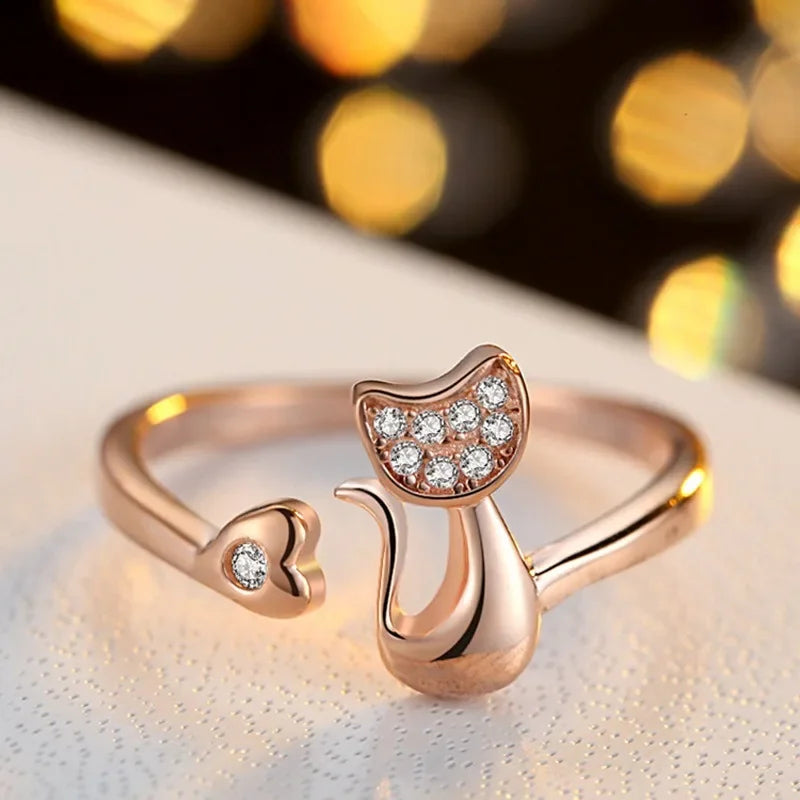 Cute Open Cat Ring with Zirconia