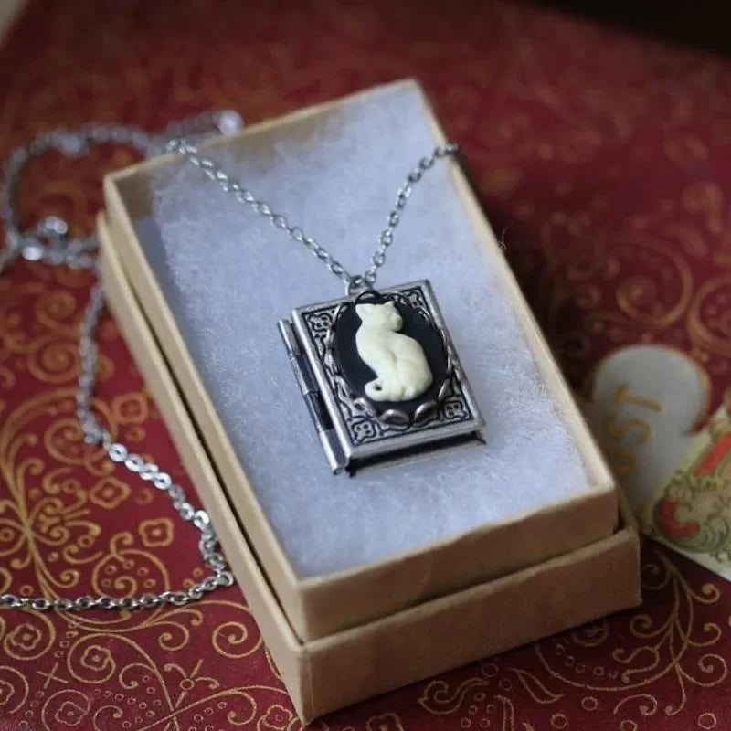 Vintage Cat Book Pendant Necklace