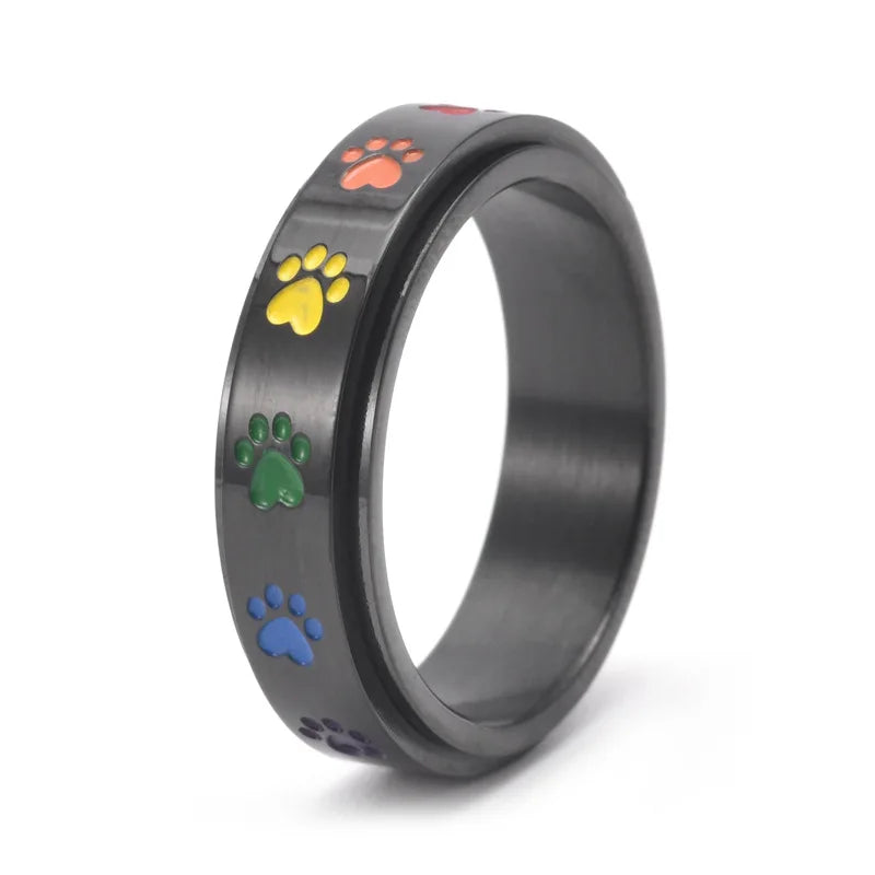 Rotating Stress-Reducing Paw Ring in Stainless Steel with Rainbow Paws