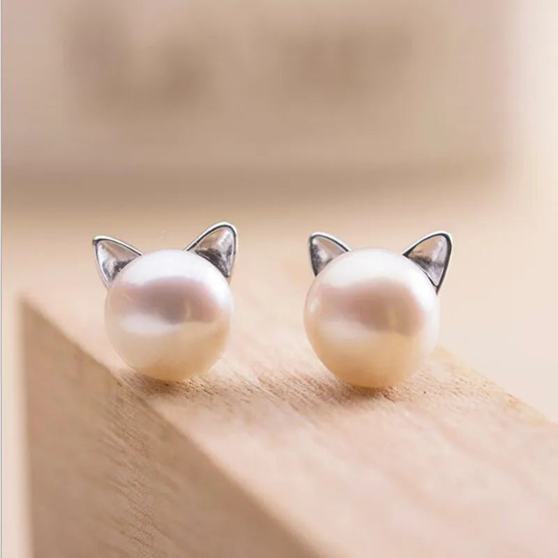 Sterling Silver Cat Earrings with Pearl