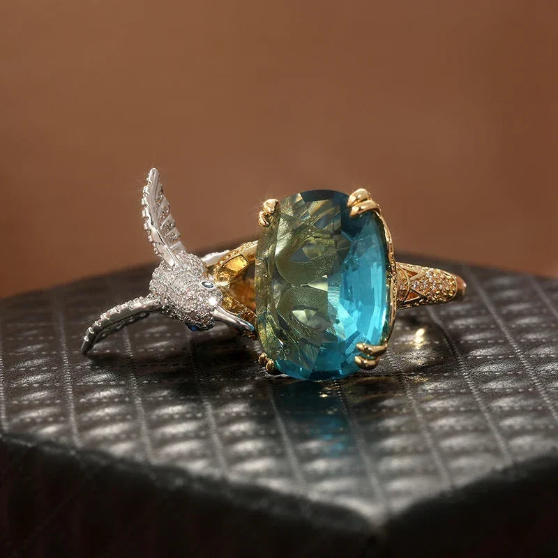 Adjustable Aquamarine-Coloured Hummingbird Ring