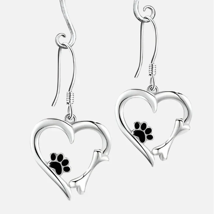 Silver Earrings with Heart and Paw Design