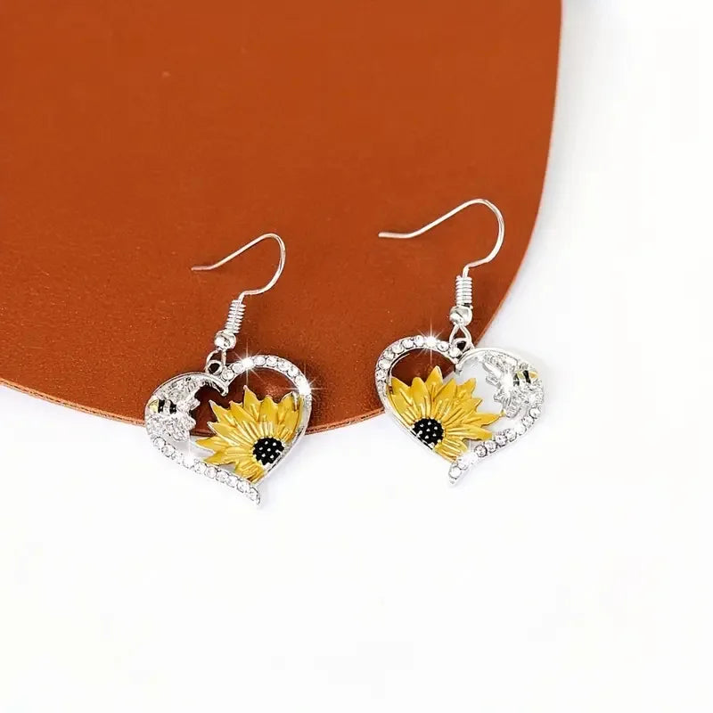 Vintage Boho Sunflower and Bee Heart Earrings