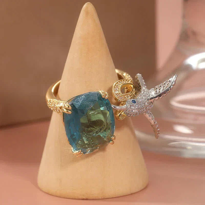 Adjustable Aquamarine-Coloured Hummingbird Ring