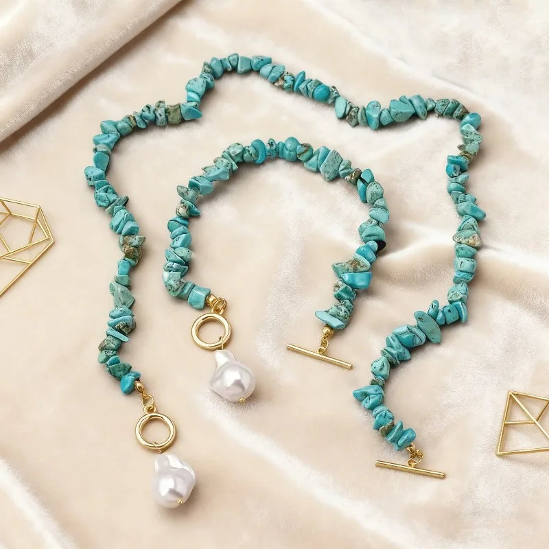 Tamsin | Turquoise Chip & Baroque Pearl Toggle Necklace